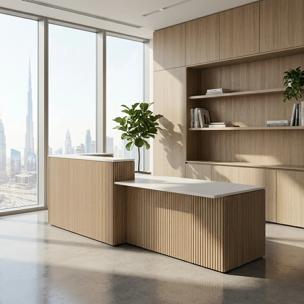 reception joinery commercial office business bay dubai – RNM Interiors bespoke counter millwork